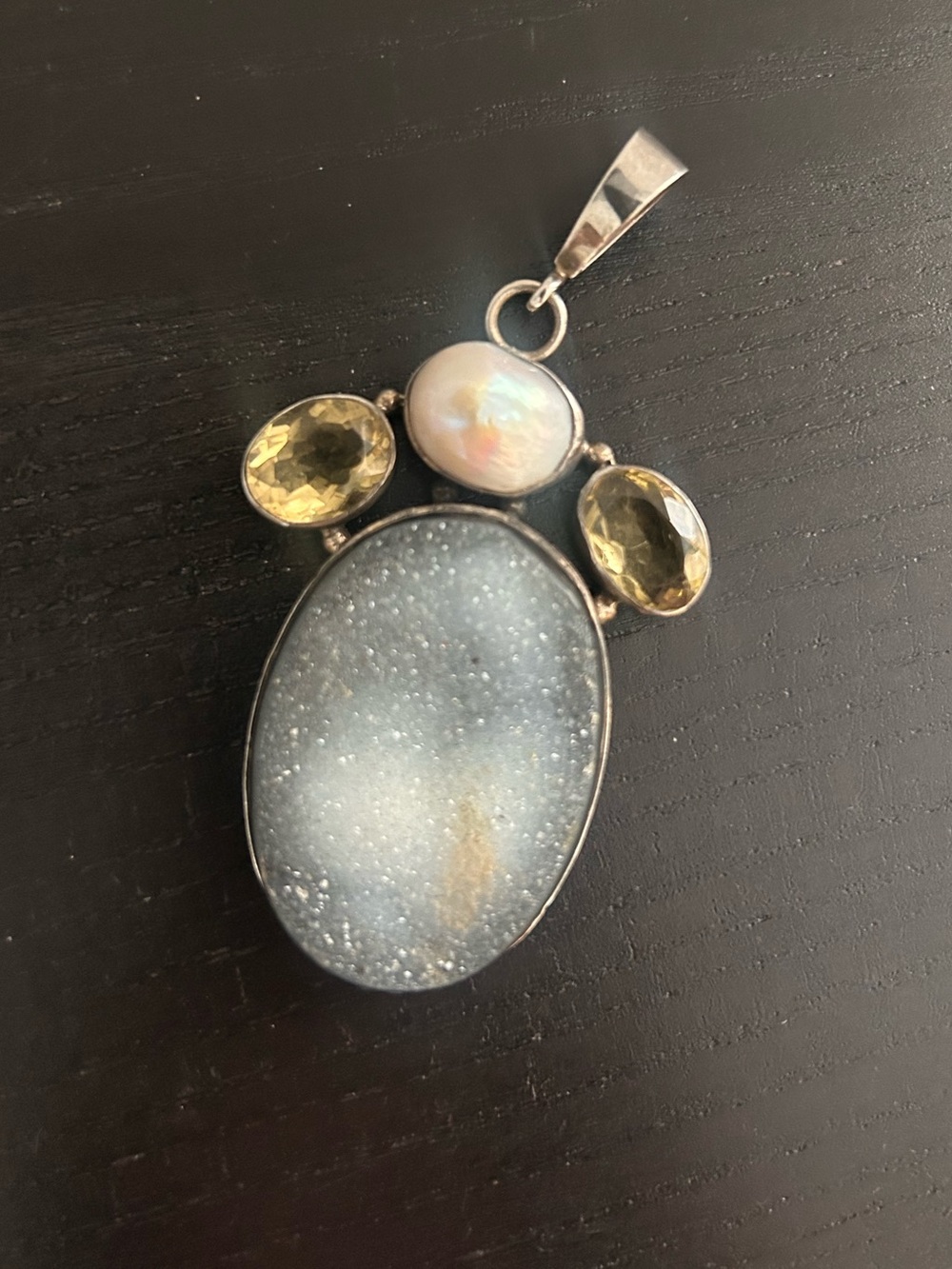 X-Large Sterling Silver Druzy, Pearl & Yellow Quartz Pendant Drusy - Gorgeous!